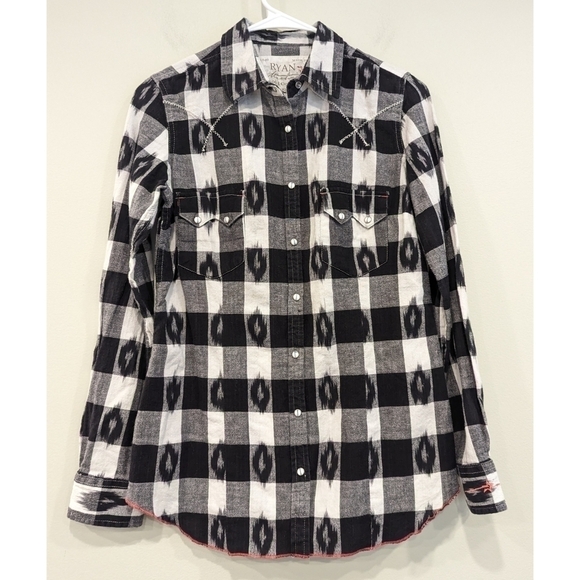 Ryan Michael Cotton Buffalo Check Ikat Long Sleeve Snap Front Shirt Small - Picture 1 of 6